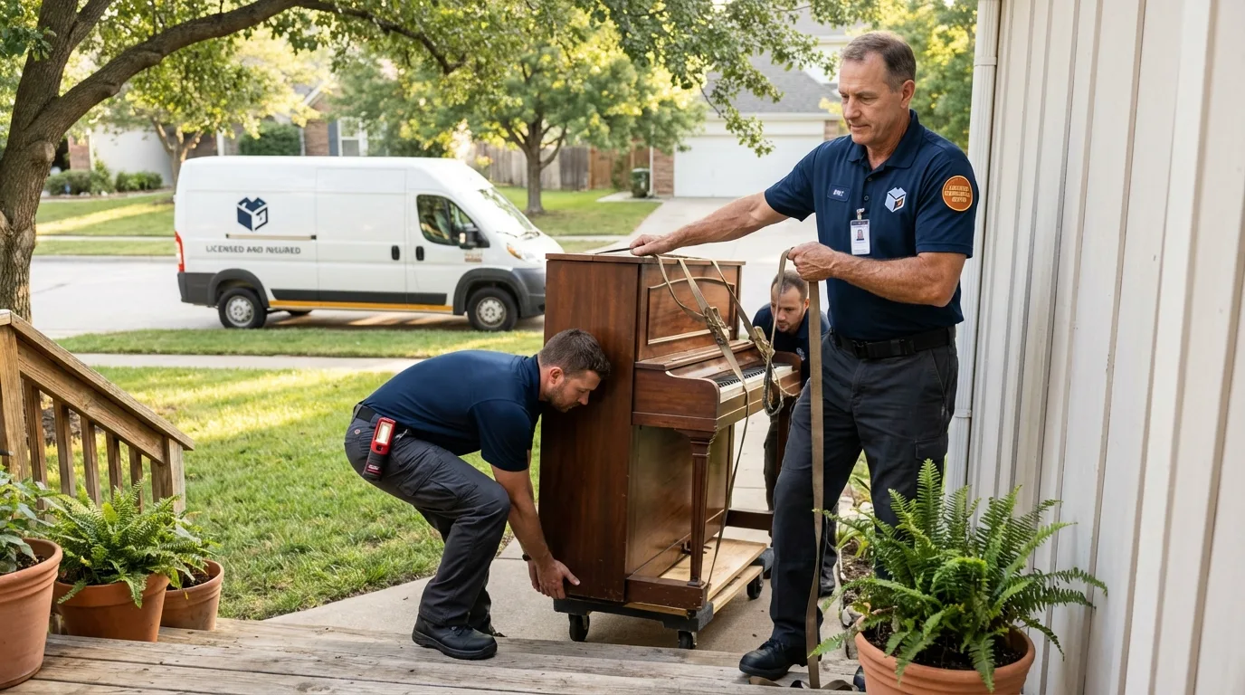 Licensed piano movers securing grand piano in Washington, CT