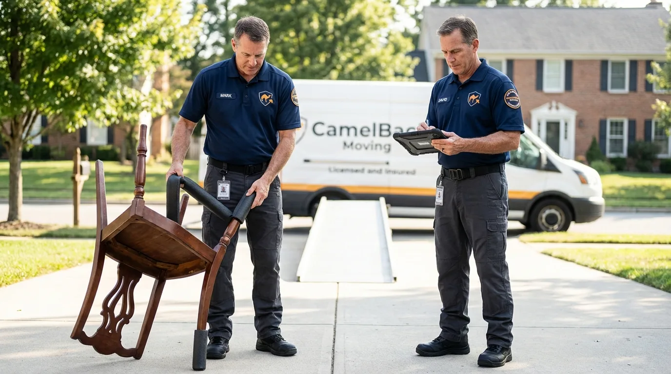 Movers inspecting furniture for damage prevention before loading in Washington, CT