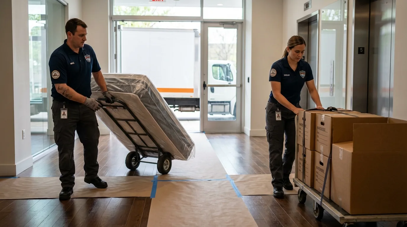 Professional apartment movers loading elevator in Washington, CT