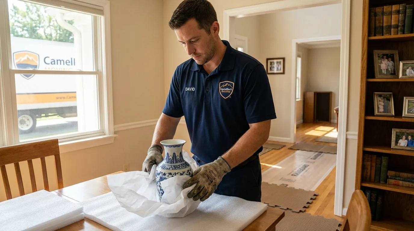 Professional crew carefully wrapping antique vase for senior downsizing move in Washington, CT