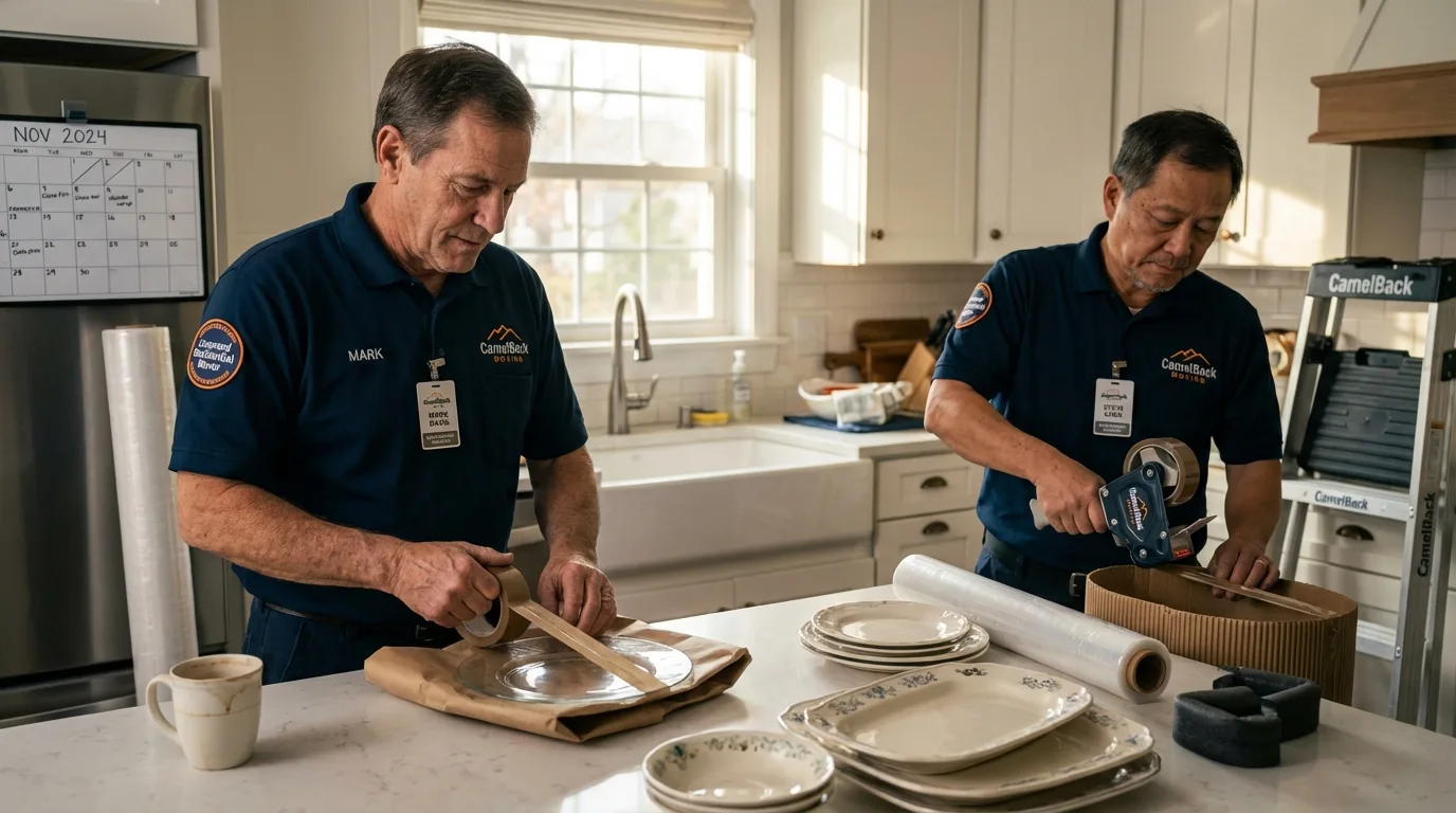 Professional crew packing kitchen dishware in Washington, CT
